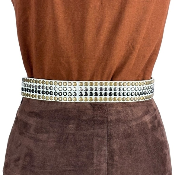 OFF WHITE FAUX LEATHER STUDDED MULTI METAL BRASS SILVER BELT BOHO PUNK RETRO - Picture 4 of 11